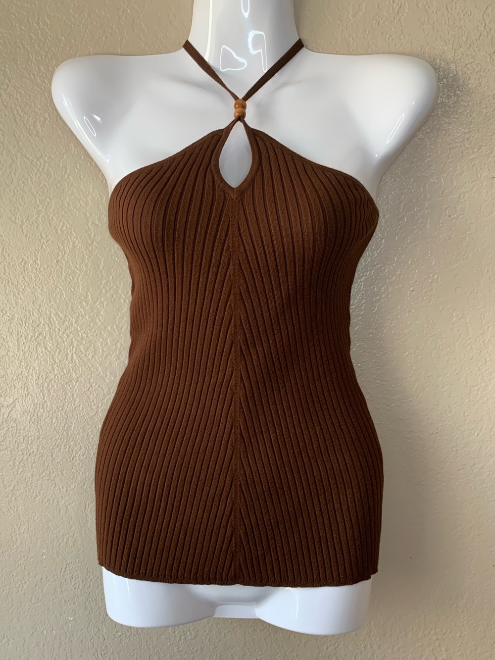 Sofia Vergara Y2K Chocolate Brown Ribbed Retro Boho Halter Top Size M